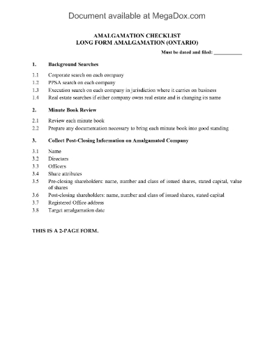 Ontario Long-Form Amalgamation Checklist