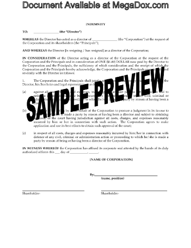 Indemnity of Resigning Director by Corporation