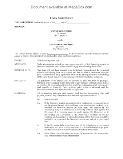 Picture of Ontario Loan Agreement for Non-Revolving Term Loan with Royalty Payments