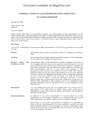 Offer of Employment to a sales representative from a Canadian business