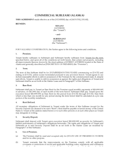 Picture of Alaska Commercial Sublease Agreement