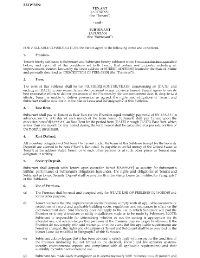 Picture of Maine Commercial Sublease Agreement