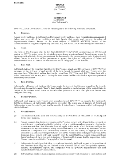 Picture of Virginia Commercial Sublease Agreement