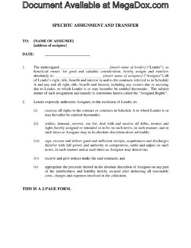 Assignment and transfer of loan contracts from one lender to another