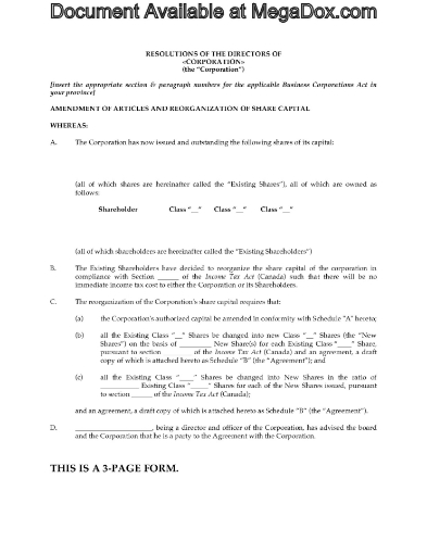 Canada Special Resolution to Reorganize Share Capital