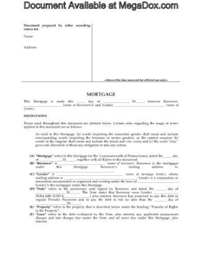 Picture of Pennsylvania Mortgage Form