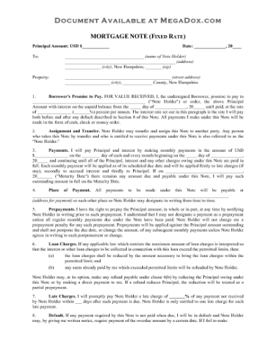 Picture of New Hampshire Fixed Rate Mortgage Note