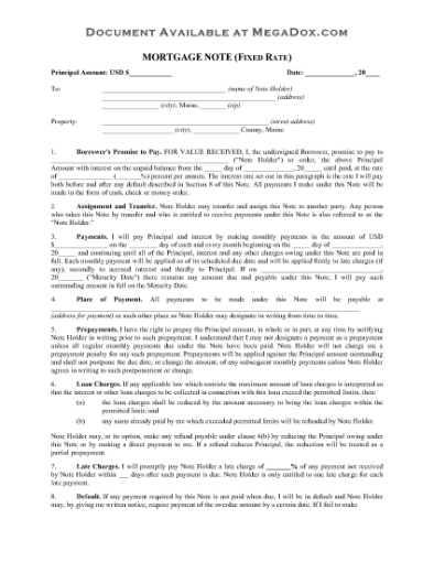 Picture of Maine Fixed Rate Mortgage Note