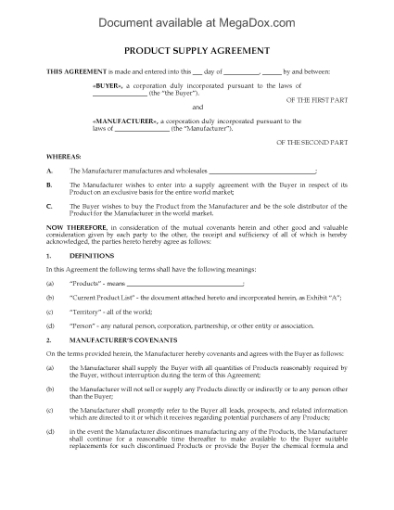Picture of Manufacturer Product Supply Agreement