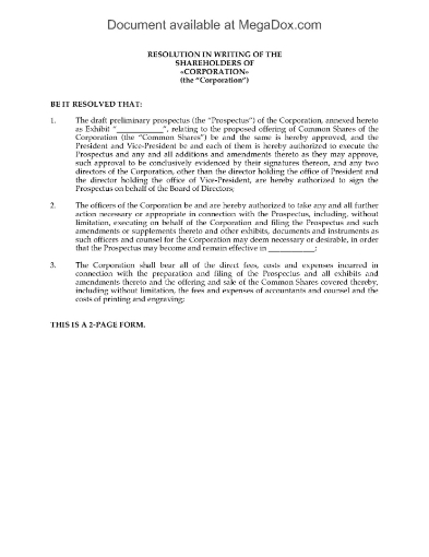 Canada Shareholder Resolutions authorizing prospectus and share options