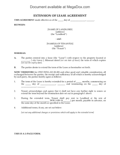 Picture of Missouri Extension of Residential Lease