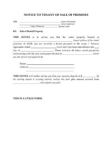 Notice to tenant in Ontario that their rental premises have been sold