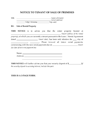 Notice to tenants in Arizona that the rental property they are living in has been sold
