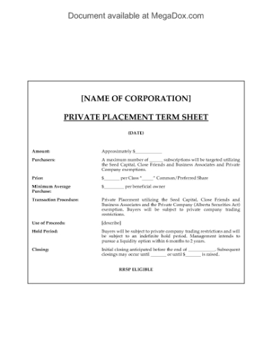Picture of Alberta Private Placement Term Sheet