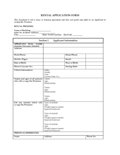 Picture of North Carolina Rental Application Form