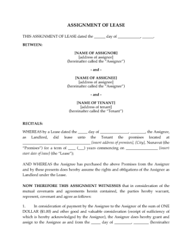 Picture of Nunavut Assignment of Lease by Landlord