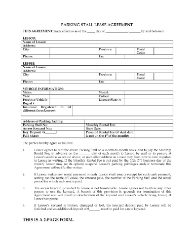 British Columbia Parking Stall Lease Agreement