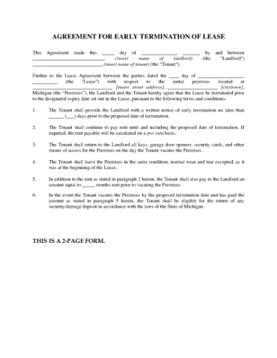 Picture of Michigan Agreement to Terminate Lease Early