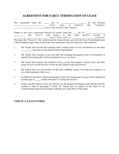 Picture of Wyoming Agreement to Terminate Lease Early