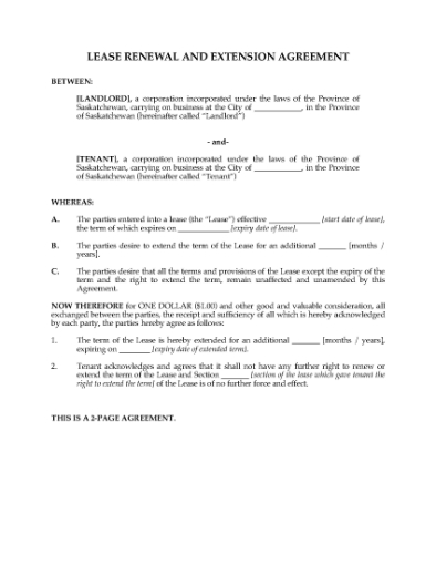Picture of Saskatchewan Renewal and Extension of Commercial Lease