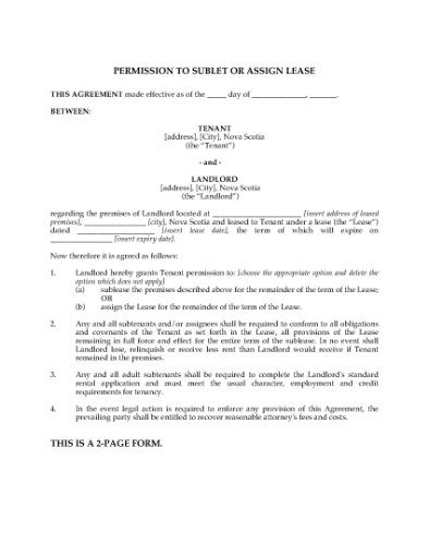 Picture of Nova Scotia Landlord Permission to Sublet