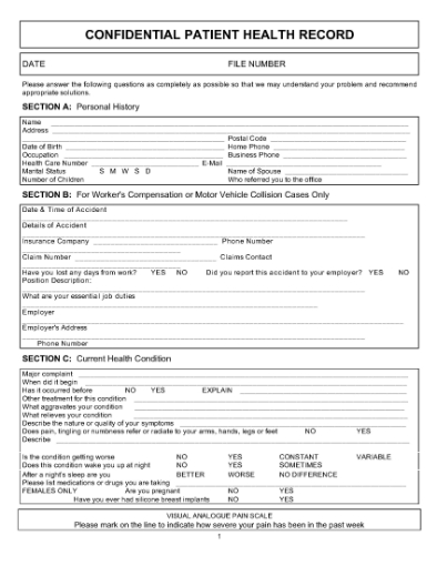 Picture of Confidential Patient Health Record for Chiropractic Treatment
