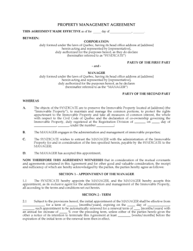 Picture of Quebec Condominium Property Management Agreement