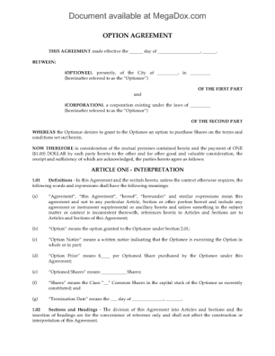 Picture of Non-Plan Stock Option Agreement | Canada