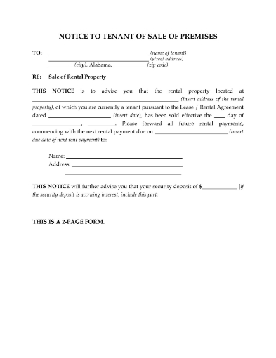 Notice to Alabama tenants that the property they are renting has been sold