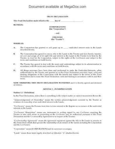 Picture of Trust Agreement for Syndicated Mortgage Units | Canada