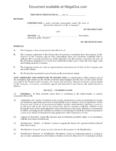 Trust Indenture to Issue Debentures