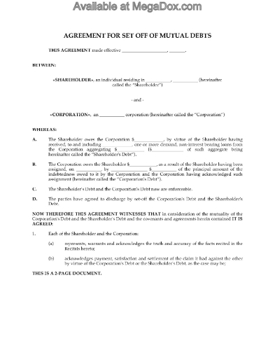 Set off agreement for debts between a company and a shareholder