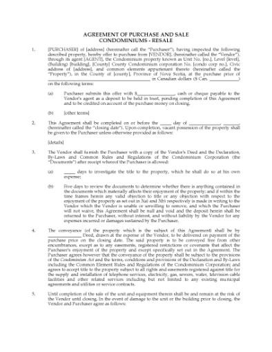 Picture of Nova Scotia Purchase and Sale Agreement for Condo Resale