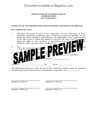 Canada Directors Resolution Setting Date of Shareholder Meeting