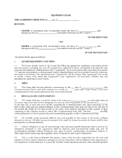 Canada Net Equipment Lease Agreement
