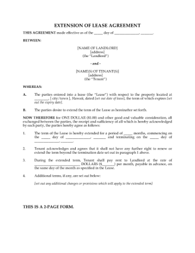 Picture of Hawaii Extension of Residential Lease