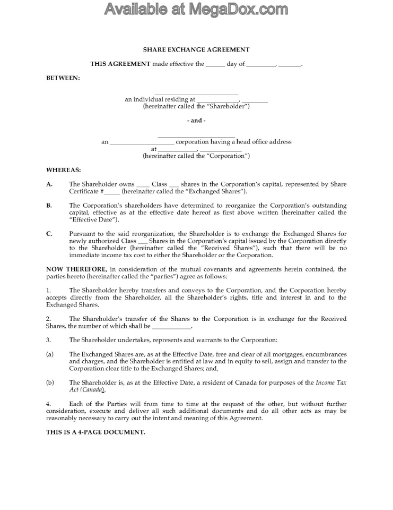 Canada Share Exchange Agreement for corporate reorganization