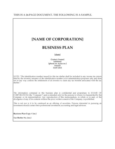 Picture of Business Plan in support of Offering Memo for Tax Shelter | Canada