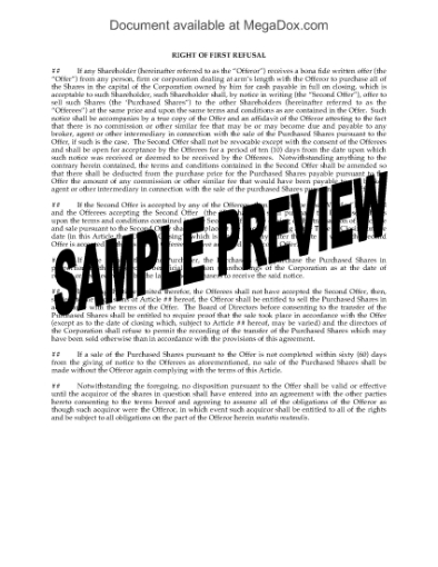 Picture of Right of First Refusal Clause for Shareholder Agreement