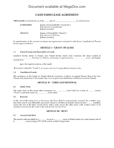 Alberta Cash Farm Lease Agreement