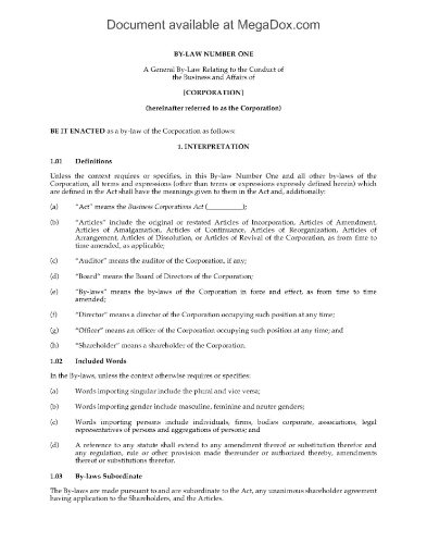 Canada General Bylaw of Business Corporation