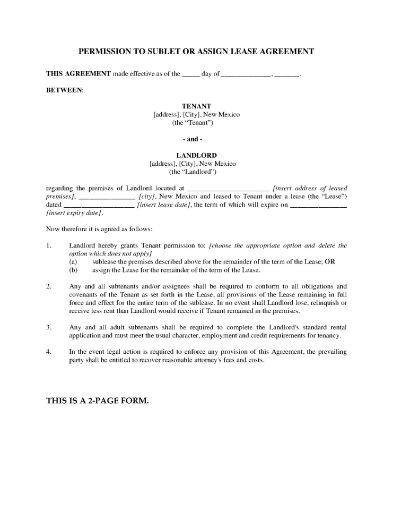 Picture of New Mexico Permission Agreement to Sublet or Assign Lease
