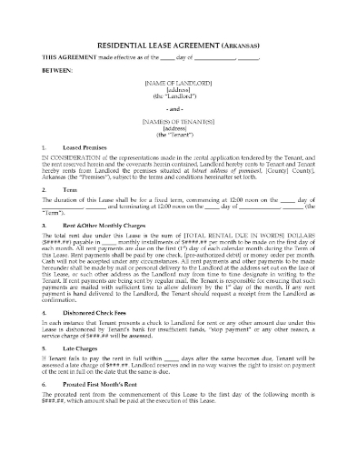 Arkansas Fixed Term Residential Lease Agreement