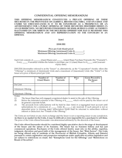 Picture of Canada Offering Memorandum for Common Shares and Warrants