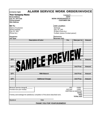 Picture of Alarm System Work Order and Invoice