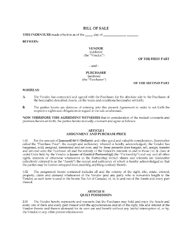 Canada Bill of Sale for Limited Partnership Units