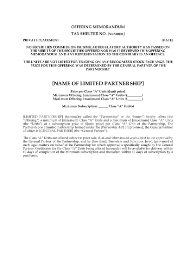 Picture of Offering Memorandum for Limited Partnership Units | Canada
