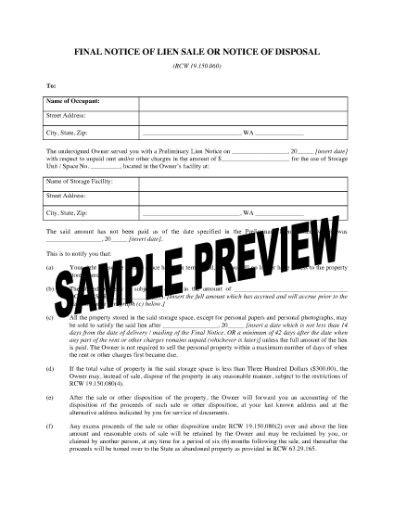 Picture of Washington Final Notice of Lien Sale or Disposal (Self Storage)