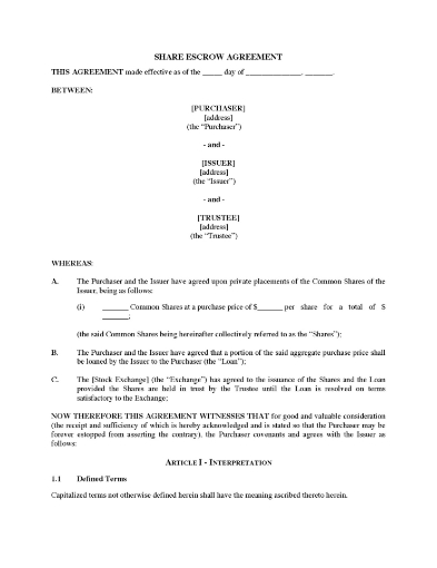 Canada Share Escrow and Pledge Agreement