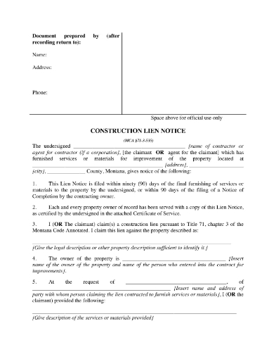 Montana Construction Lien Notice